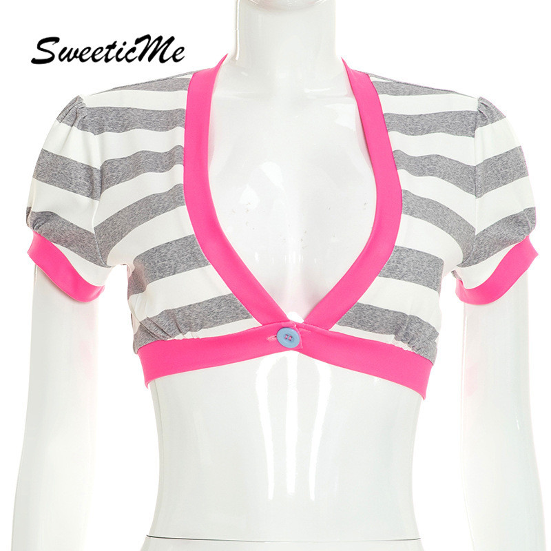 SweeticMe เสื้อสตรี 2026 ใหม่แฟชั่นเซ็กซี่คอวีลายปุ่มแขนสั้น Crop เสื้อยืด — صورة 7