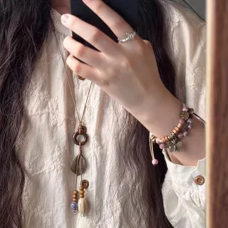 สร้อยคอพู่ใบยาวจี้สไตล์โบฮีเมียนกระดูกไหปลาร้าโซ่อุปกรณ์เสริม