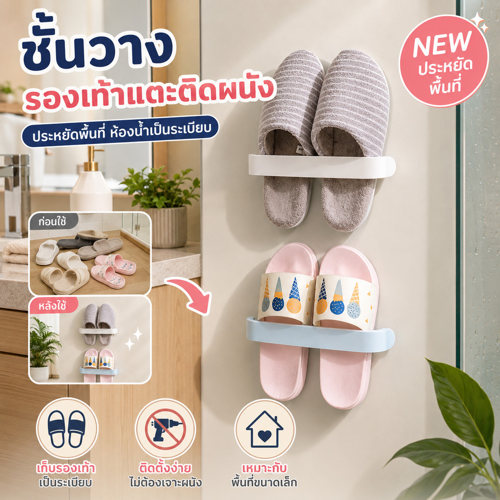 พร้อมส่งในไทย ชั้นวางรองเท้าแบบติดผนัง กันน้ำ ไม่ต้องเจาะ ประหยัดพื้นที่ สไตล์ญี่ปุ่น เก็บรองเท้า ใช้ได้ในบ้านและห้องน้ำ