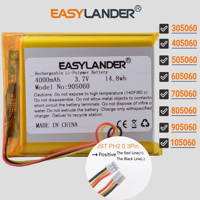PH2.0 3Pin 905060 3.7V 3500mAh แบตเตอรี่ลิเธียมไอออนแบบชาร์จไฟได้ 305060 405060 505060 705060 805060