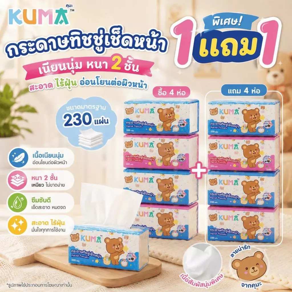 1 แถม 1 (แพ็ค 4 ห่อ) Kuma กระดาษทิชชู่เช็ดหน้า ทิชชู่คุมะ กระดาษทิชชู่หนานุ่ม 2 ชั้น บรรจุ 230 แผ่น/ห่อ ซึมซับดี