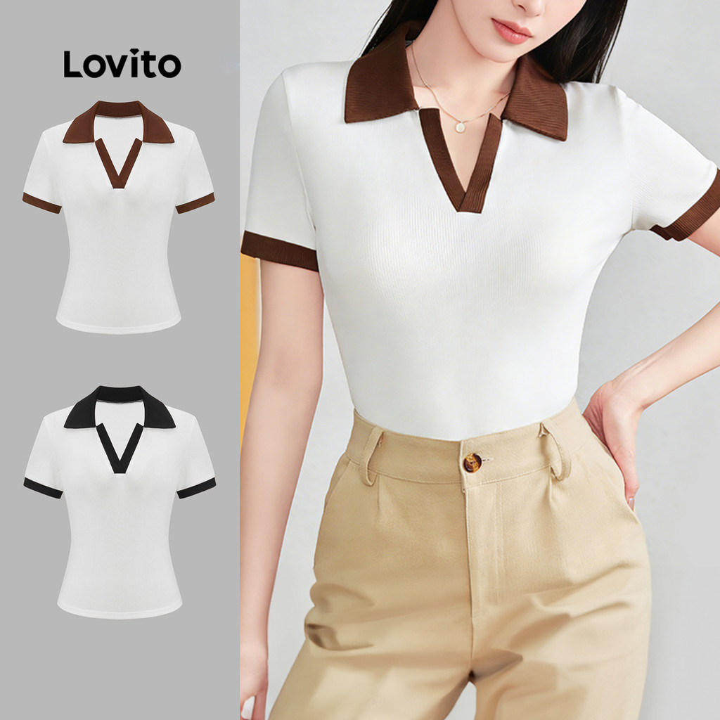 Lovito เสื้อยืด ลายผ้าต่อ แต่งปกสีตัด ผ้ามีเท็กซ์เจอร์ สไตล์แคชชวล สำหรับผู้หญิง L121AD1107