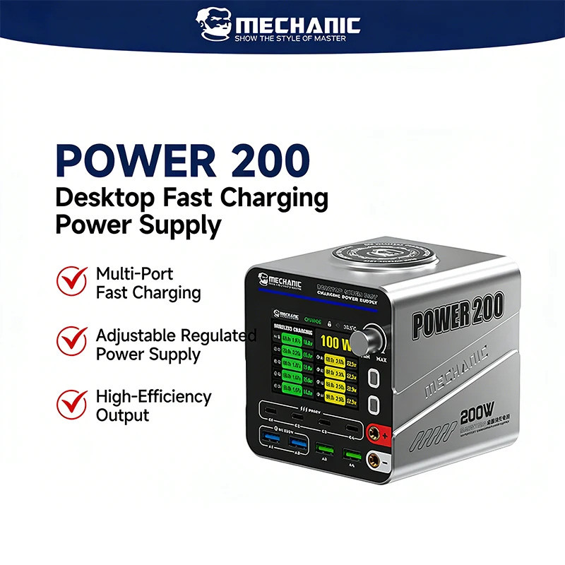 MECHANIC Power 200 200W GaN 8-Port Fast Charging Station 3-24V 5A ปรับ DC Power Supply PD3.1 Wireles