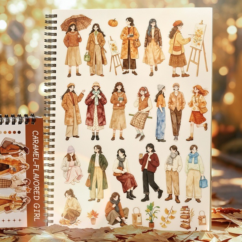 ขดลวดสติกเกอร์หนังสือคาราเมลสาวชุดตัวการ์ตูนบัญชีมือตกแต่ง รูปที่ 2