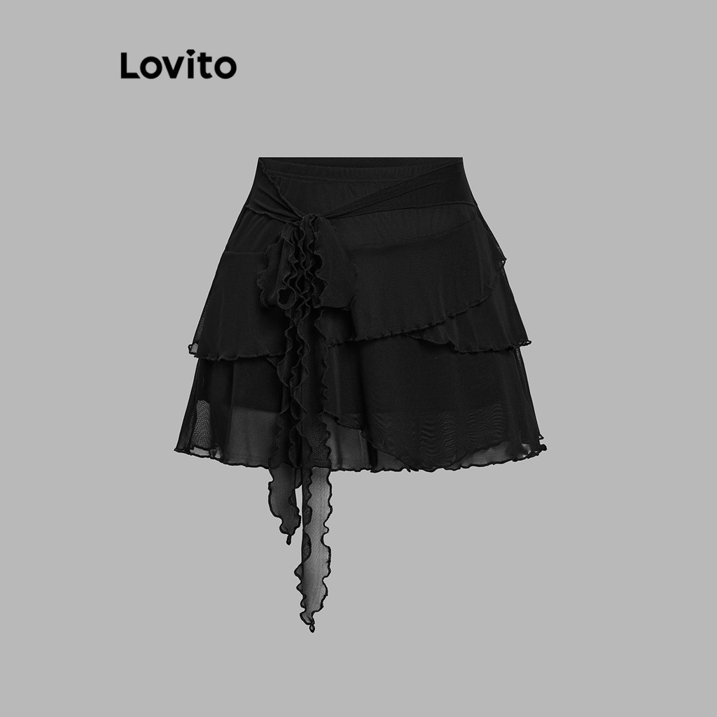 Lovito กระโปรงลําลองกระโปรงชายระบายธรรมดาเดรปสําหรับผู้หญิง L110AD213