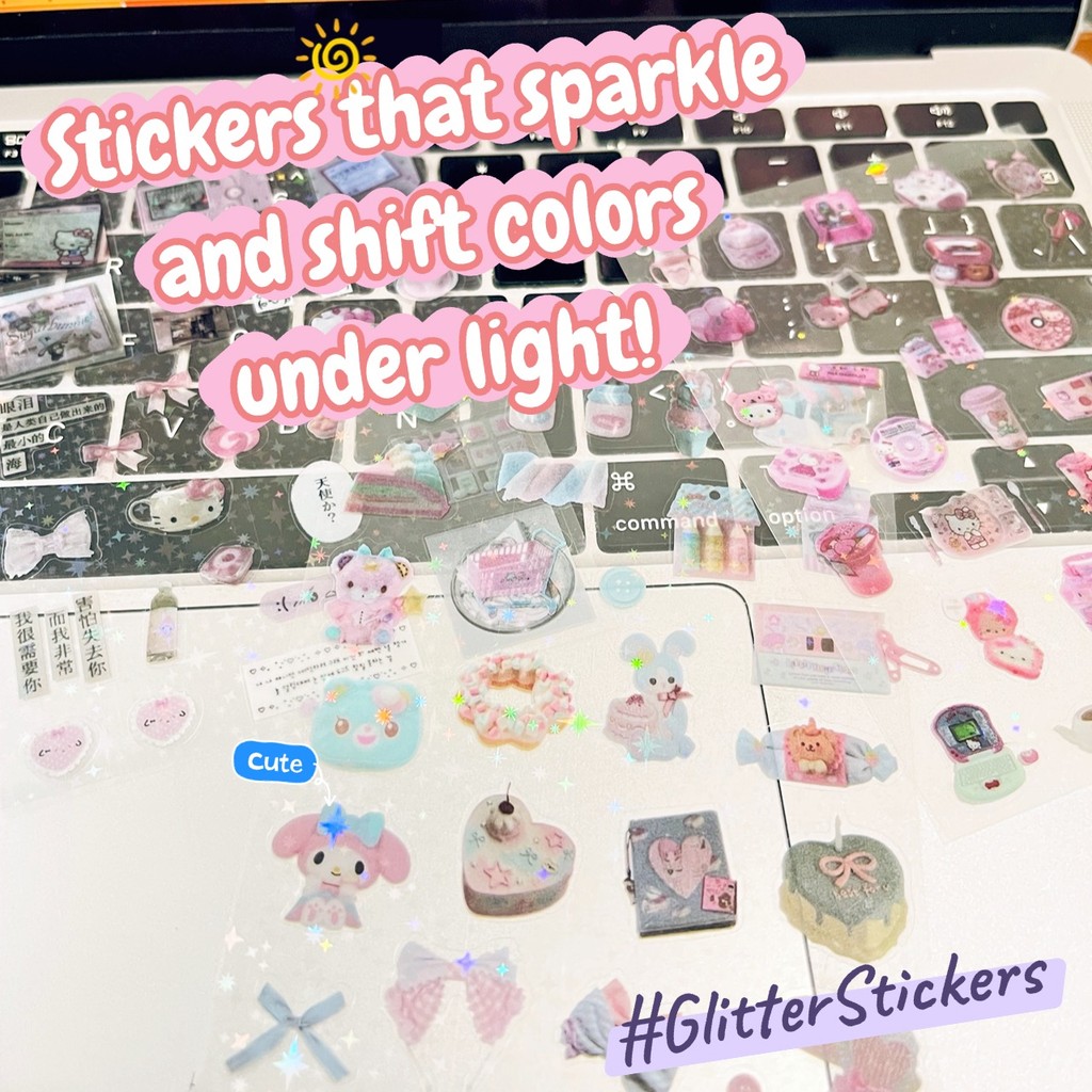 10 แผ่นโปร่งใส Glitter เลเซอร์สติกเกอร์ Kawaii Kitty กระพริบฟิล์มคู่มือไดอารี่สมุดภาพ Journal DIY วัสดุสติกเกอร์ตกแต่ง - รูปที่ 5