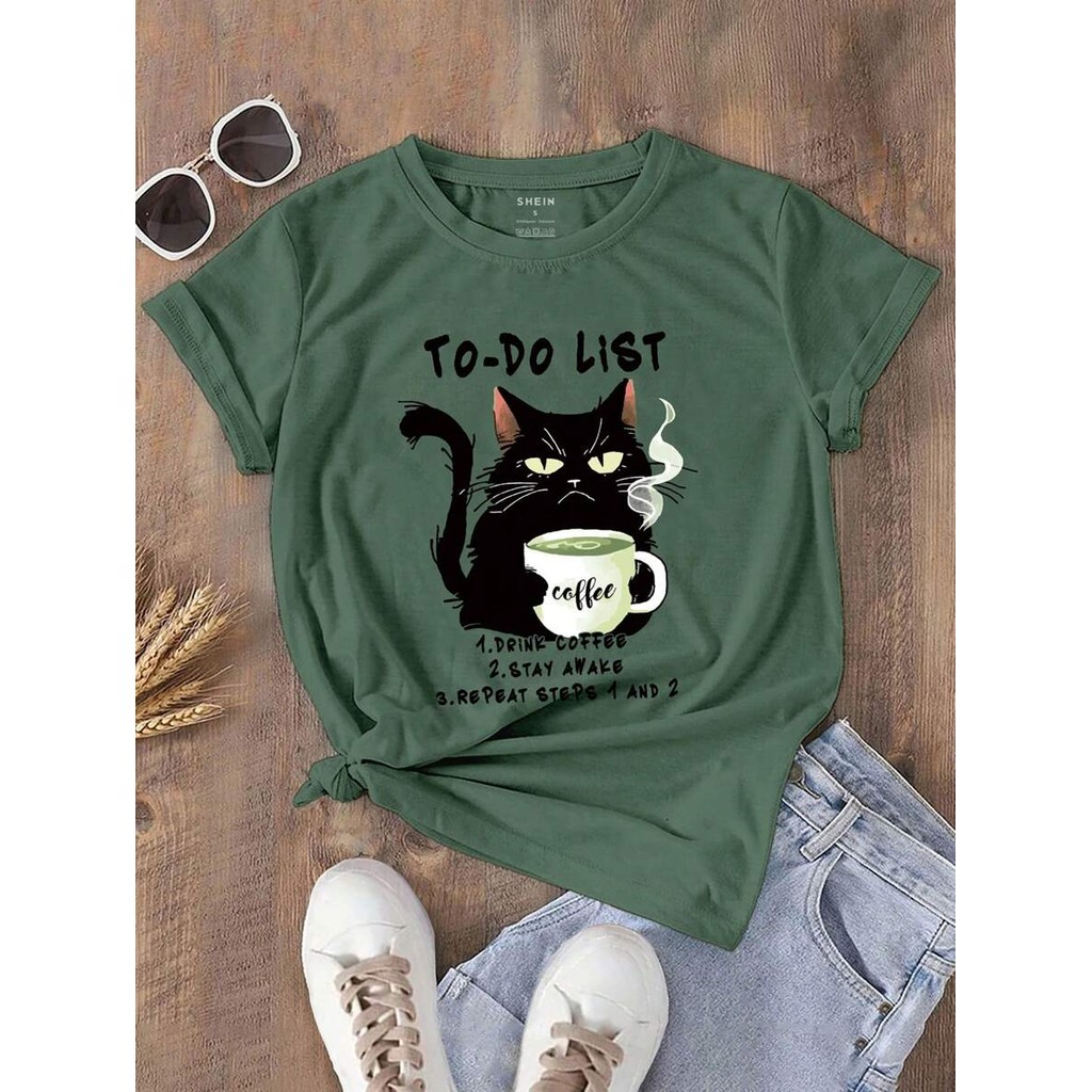 เสื้อยืดแขนสั้นผู้หญิงลายการ์ตูนแมว TO DO LIST 1 DRINK COFFEE 2 STAY AWAKE 3 REPEAT STEPS 1 และ
