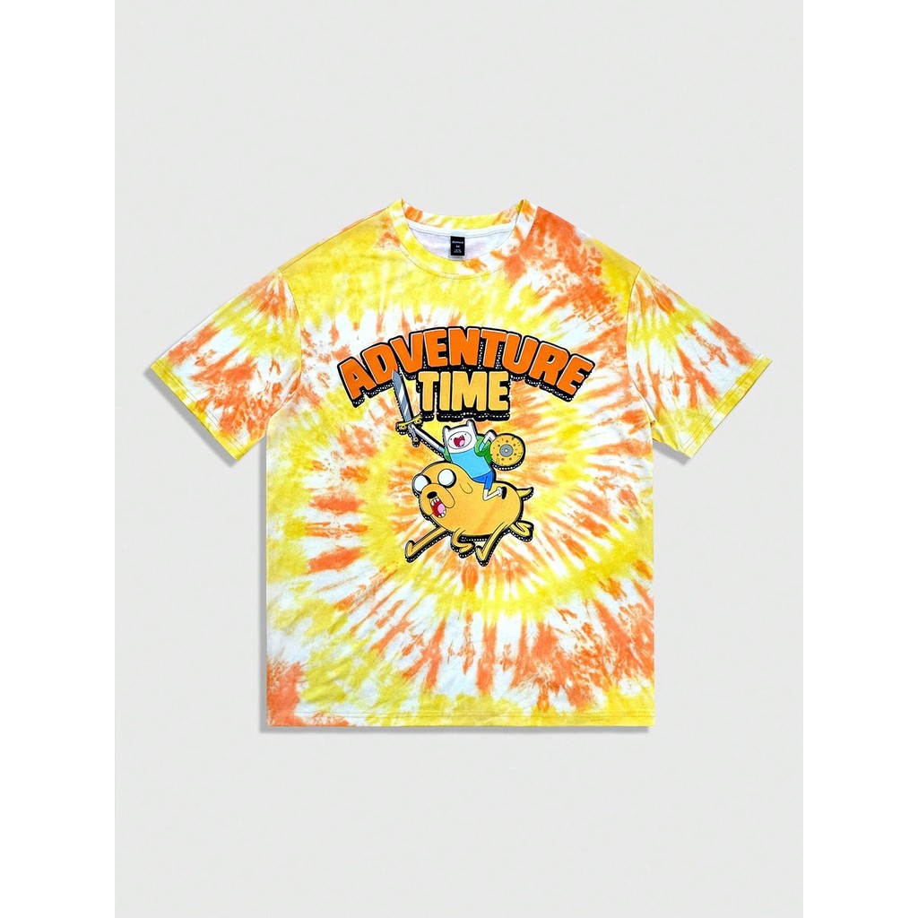 ROMWE MEN Adventure Time X ROMWE เสื้อยืดแขนสั้นคอกลมพิมพ์ลายการ์ตูน 3D สําหรับผู้ชาย