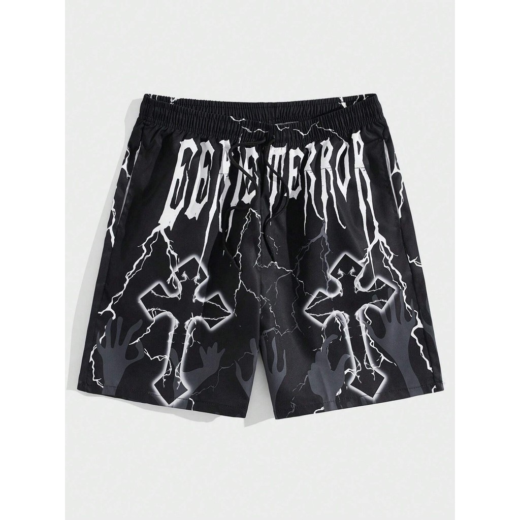ROMWE MEN Goth Men Drawstring Digital Print Summer Casual Basketball Shorts, School