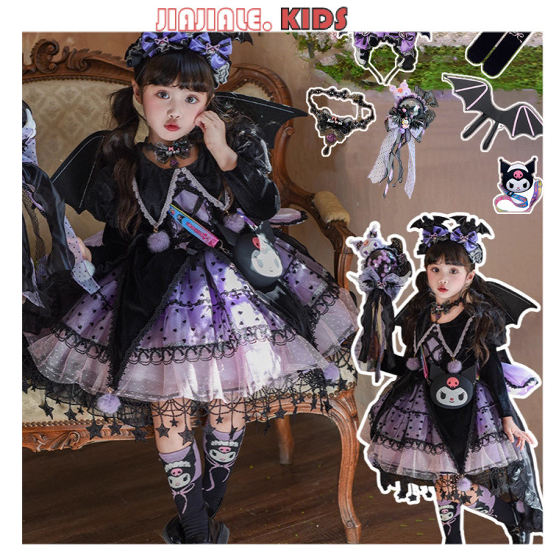 2-12Y Kuromi แขนยาวเค้กชุดฮาโลวีนคอสเพลย์ชุดทั้งชุดเด็กวันเกิดชุด Super fairy ปุยกระโปรง