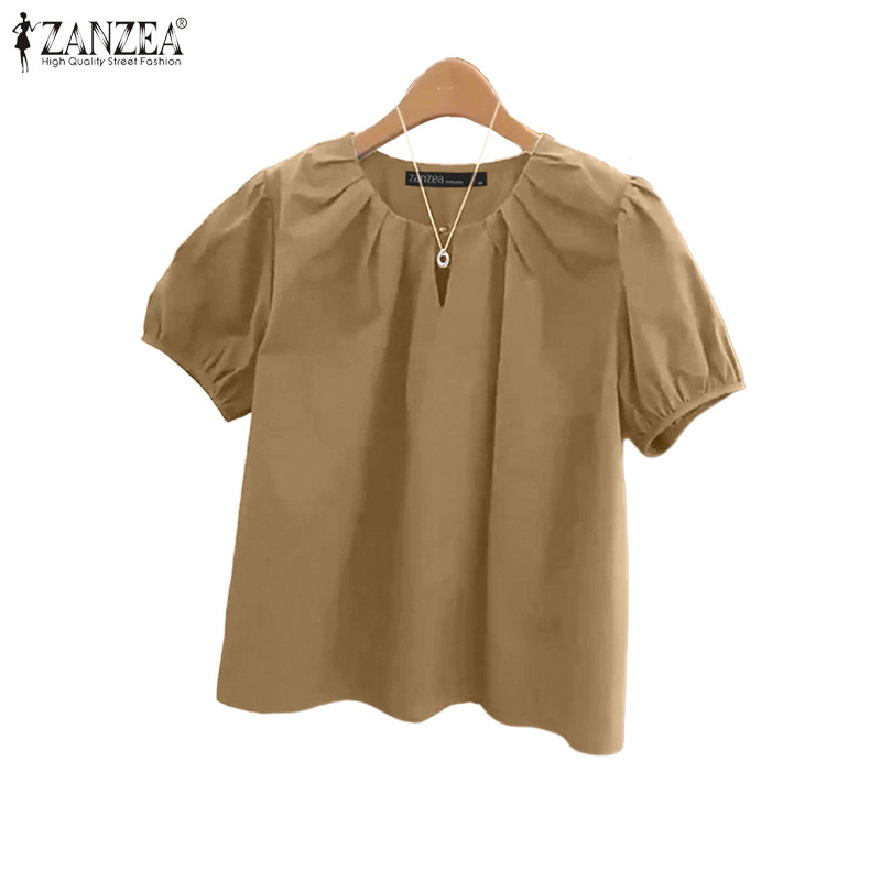 ZANZEA สไตล์เกาหลีสำหรับผู้หญิง คอปอมแขนสั้น เสื้อลายคราม pleated neckline