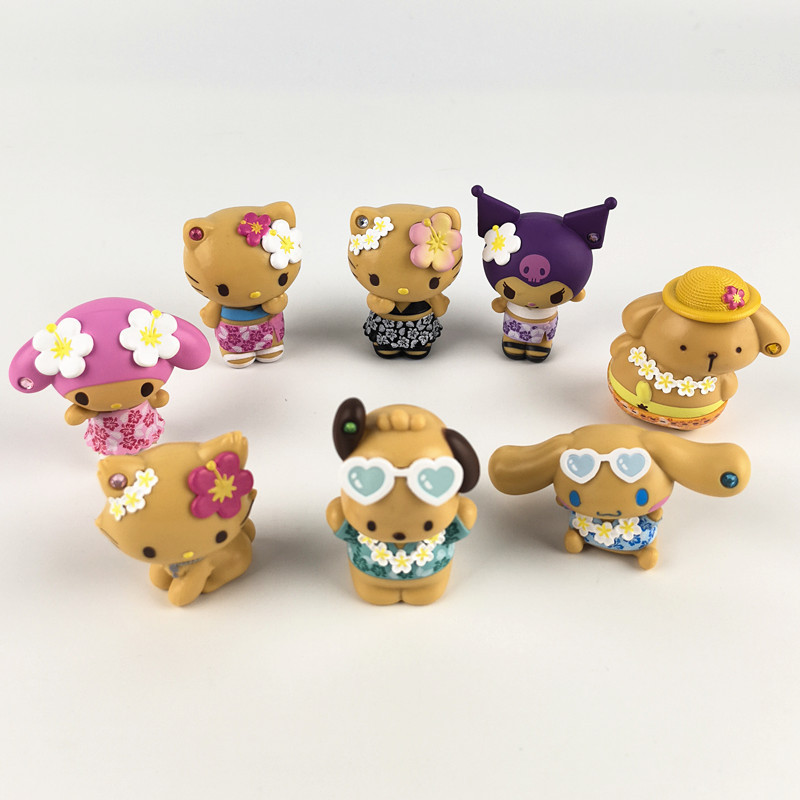 Japan Sanrio Hawaii Kitty Melody Kuromi Pochacco Pompompurin Cinnamoroll Chrammy Kitty  Tanning Figure Ornament 485753 (Opened Box Confirmed)