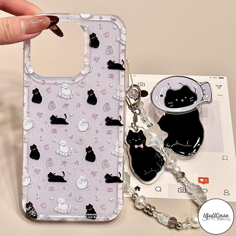 สำหรับ IPhone 16 15 11 12 13 14 Pro Max XR XS X Max 16 15 Plus เคส IMD ลายแมวดำสุดน่ารักแบบเต็มจอพร้