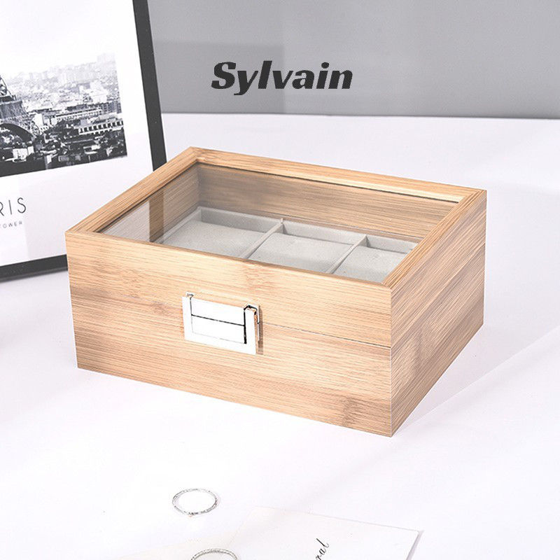 3 6ช่อง กล่องนาฬิกาไม้ เคสโชว์ฝาแก้ว ที่เก็บของ หมอนถอดได้ ซับกํามะหยี่ แบบพกพา เดินทาง ของขวัญ