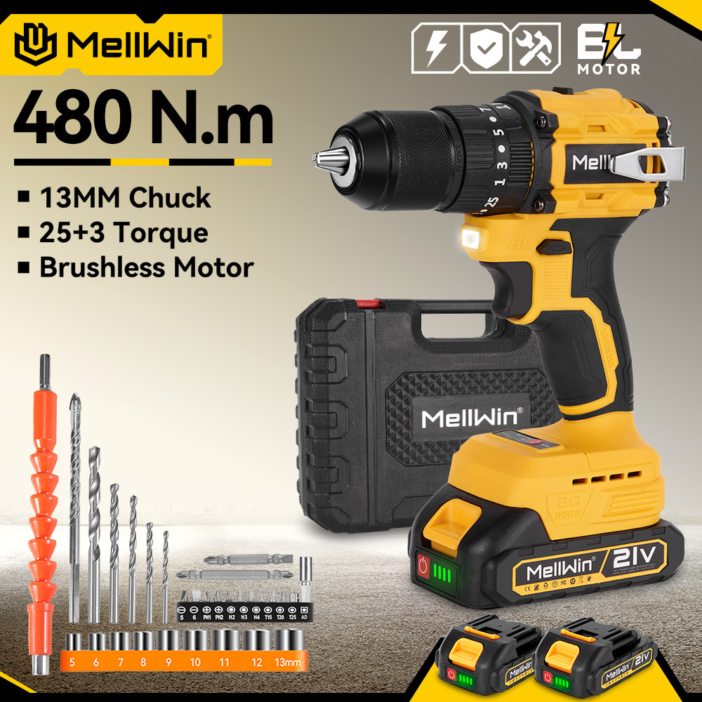 MELLWIN 13 มม.25 + 3 Brushless ค้อนไฟฟ้าเจาะมือถือไร้สายแบนสว่านไขควงเครื่องมือสําหรับ Makita 18VBattery Pin