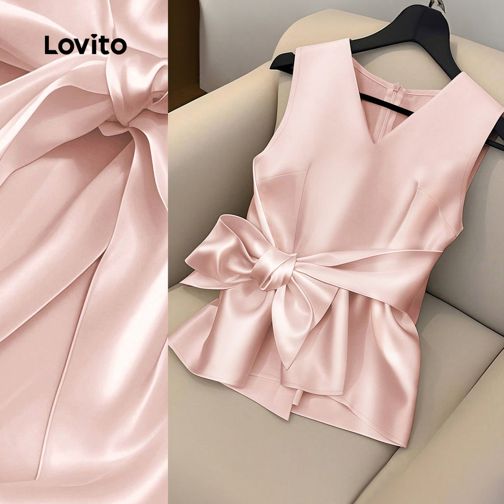 Lovito เสื้อกลัดลูกไม้สไตล์หลวมหวานสำหรับผู้หญิง สีชมพู ใส่ในช่วงฤดูใบไม้ผลิ/ฤดูร้อน L150ED583