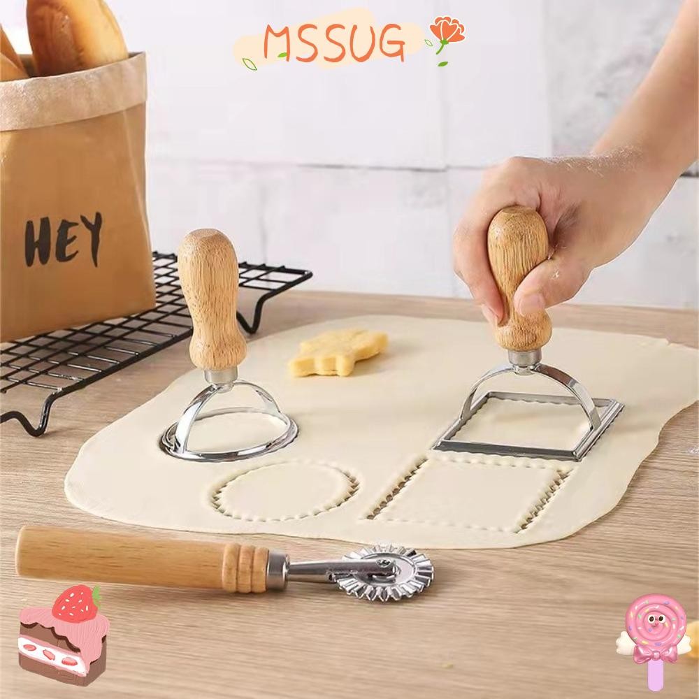 MSSUG Ravioli Maker Mold, Dumpling Lace Baking Tool Pastry Press Mold, Wooden Handle Manual Cookie M