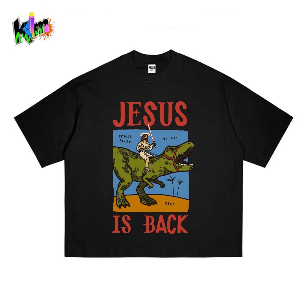เสื้อยืดแขนสั้นสีดําพิมพ์ลาย JESUS ที่ไดโนเสาร์ "JESUS IS BACK"
