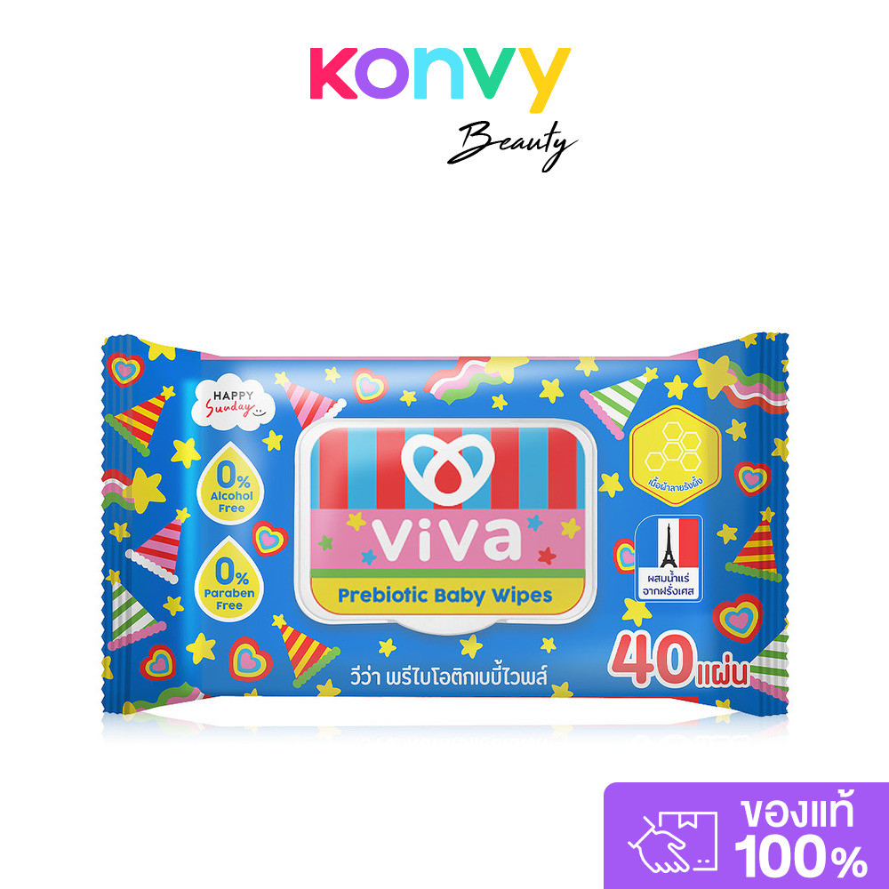 ViVa x Happy Sunday Prebiotic Baby Wipes 40 Sheets วีว่า ผ้าเปียก พรีไบโอติก 40แผ่น.