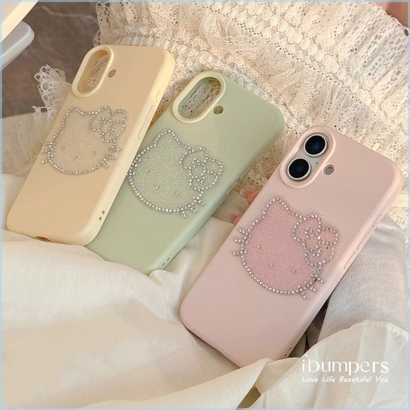 Ibumpers ความงาม Rhinestone Hello Kitty สติกเกอร์เคสโทรศัพท์สําหรับ IPhone 11 12 13 14 15 16 17 Pro Max Liquid Silicon ปกหลัง thumbnail 5