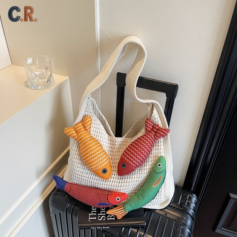C.R.กระเป๋า Tote แฟชั่น | ลายปลา 3D | กระเป๋าถักเส้นใหญ่ความจุสูง | ใช้งานในเมือง | ของขวัญวันวาเลนไทน์