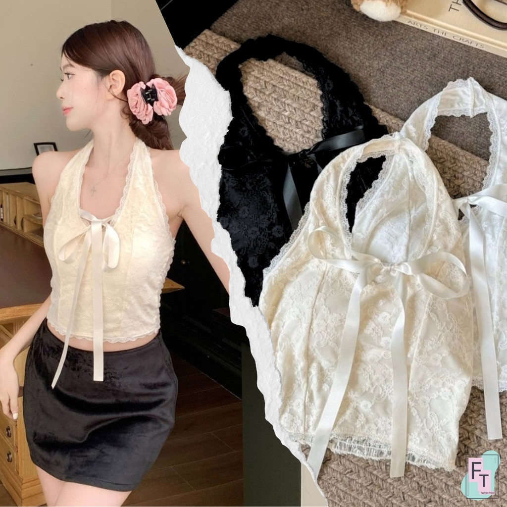 💢FT อินเทรนด์💢เสื้อลูกไม้ แฟชั่นคล้องคอ อกแต่งโบว์ผูก 3 สี หลังสม็อคยืด มีฟองน้ำ