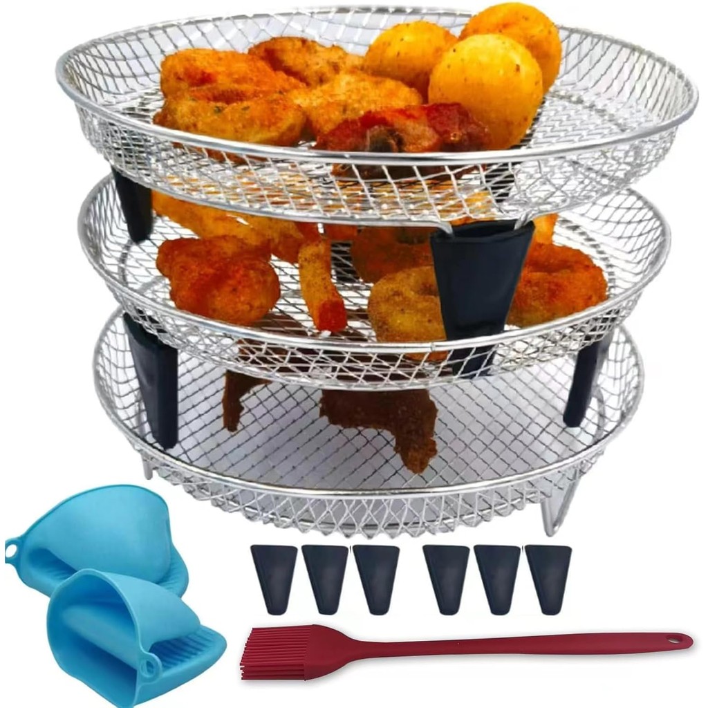 Air Fryer Racks, 3Pack Round Stackable Dehydrator Racks with Insulated Clamp and Brush Universal Sta