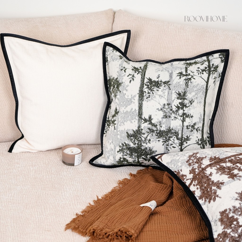 ลายป่า Woodland สไตล์เรโทร ขอบกุ๊น หมอนอิง / ปลอกหมอน หมอนตกแต่งโซฟาห้องนั่งเล่น แต่งบ้าน พร้อมส่ง | RooviHome Woodland Scene Collection