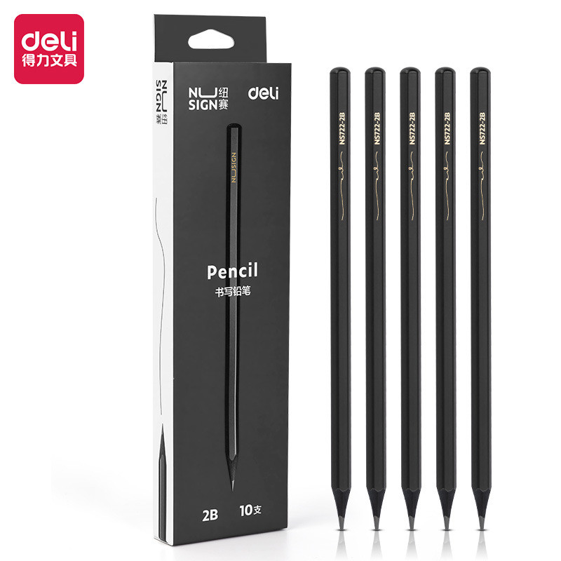 Deli News NS722-2B-HB _ 10 ชิ้นแท่งหกเหลี่ยมดินสอไม้สีดํา (10 ชิ้น/กล่อง) ดินสอนักเรียน 2025.9.23