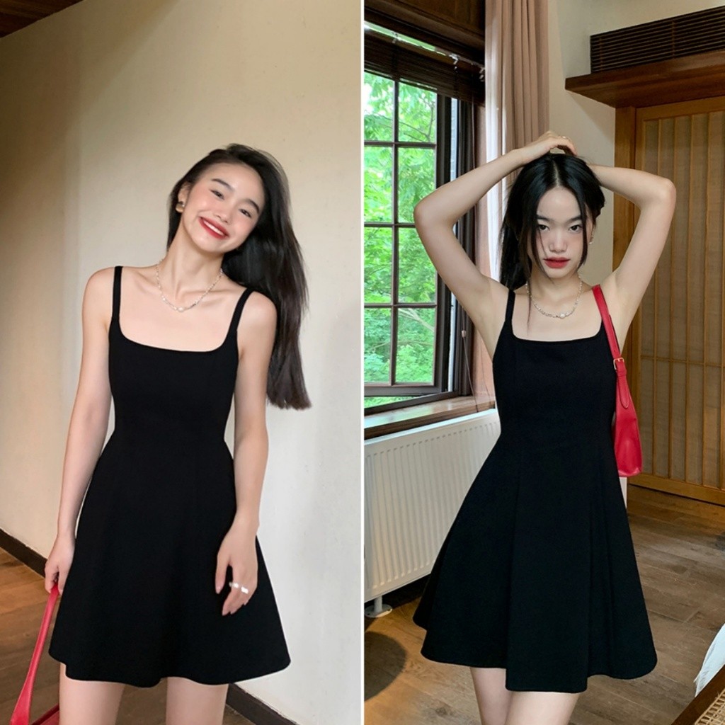 Hotgirl พร้อมส่ง ชุดเดรสผู้หญิง เดรสดํา เซ็กซี่ ชุดสายเดี่ยว A-line สไตล์ฝรั่งเศส
