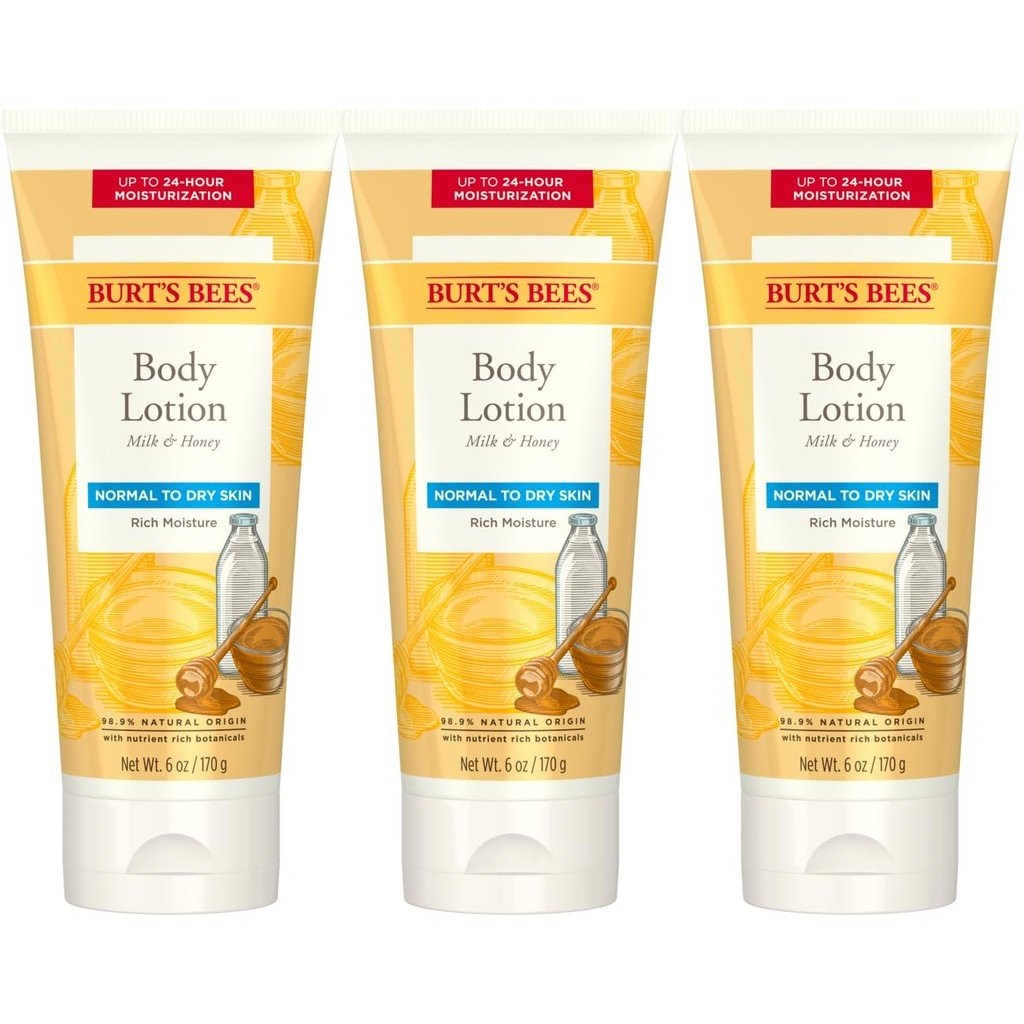 Burts Bees โลชั่นบํารุงผิวพร้อมนมและน้ําผึ้ง โลชั่นให้ความชุ่มชื้นสําหรับผิวธรรมดาถึงผิวแห้ง 98.6 Pe