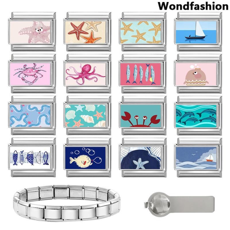 สร้อยข้อมือแบบปลามหาสมุทรและปูสไตล์อิตาลี ขนาด 9 มิลลิเมตร ทำจากสแตนเลส ออกแบบสำหรับบุคลิกภาพย้อนยุค และสามารถเปลี่ยนแปลงได้ตามต้องการ