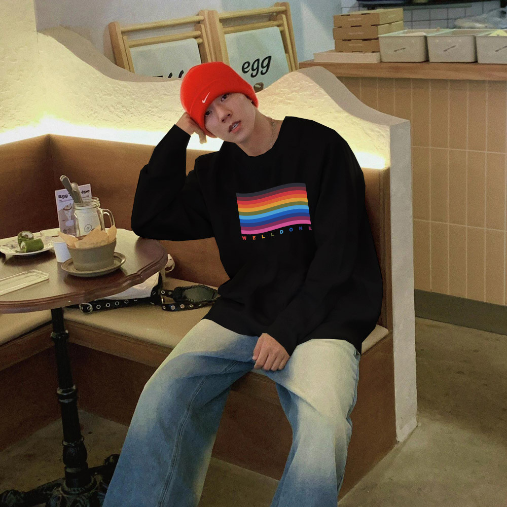 WE11E Rainbow | พิมพ์แฟชั่น Street Wear เสื้อแขนยาวรอบคอกันหนาว ซับในขนแกะหลวม