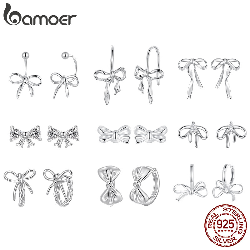 BAMOER ต่างหูเงินแท้ 925 Bow Knot Design สำหรับผู้หญิง