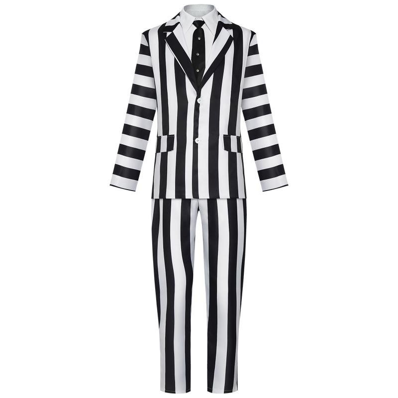 Beetlejuice สีดําและสีขาวลายชุดเครื่องแต่งกายคอสเพลย์บทบาทเล่น Amine ฮาโลวีน
