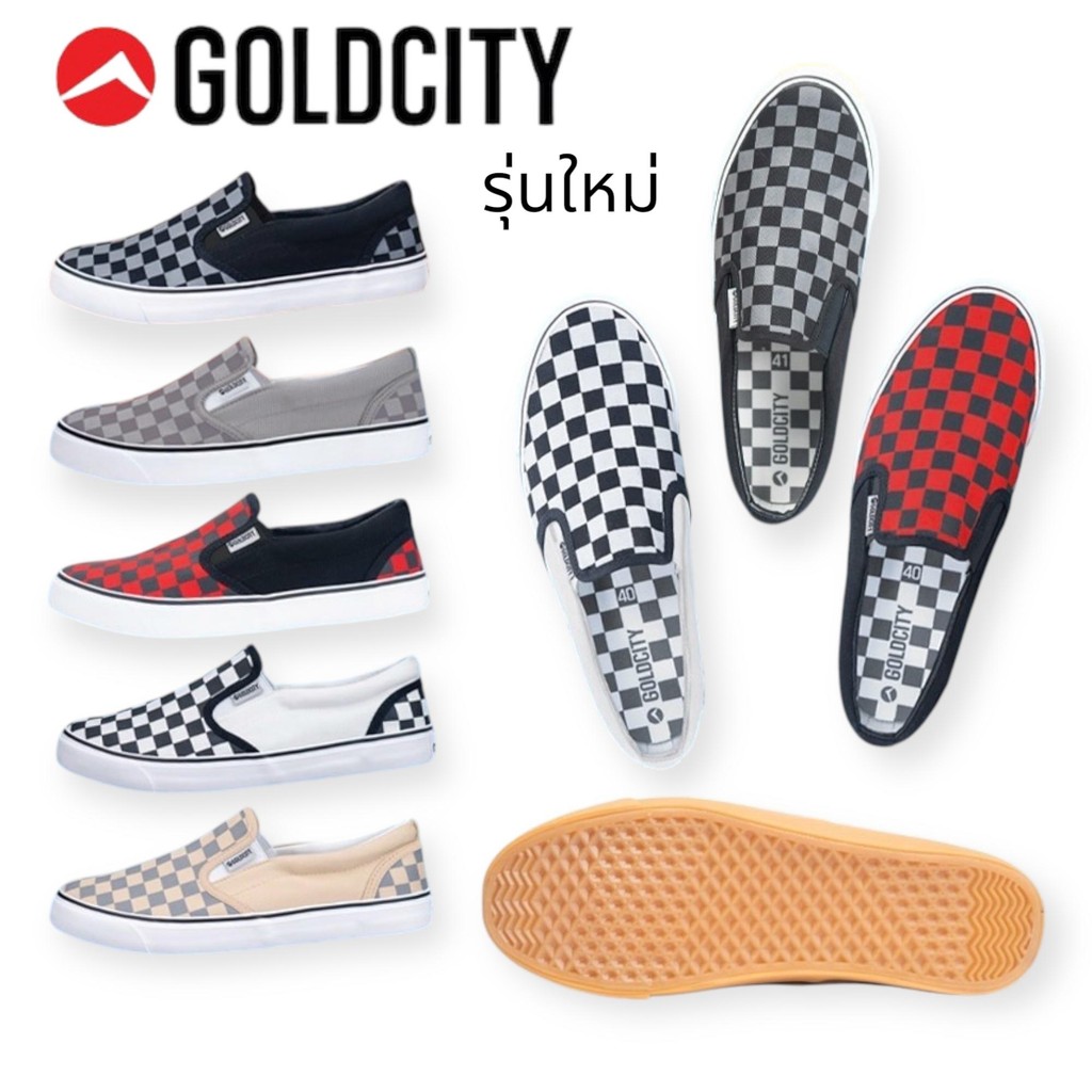 Gold city GC-NS901 ** รองเท้าสลิปออนผ้าใบแฟชั่นทรงคลาสสิค ลายหมากรุก (โกลด์ซิตี้) Size : 39-45