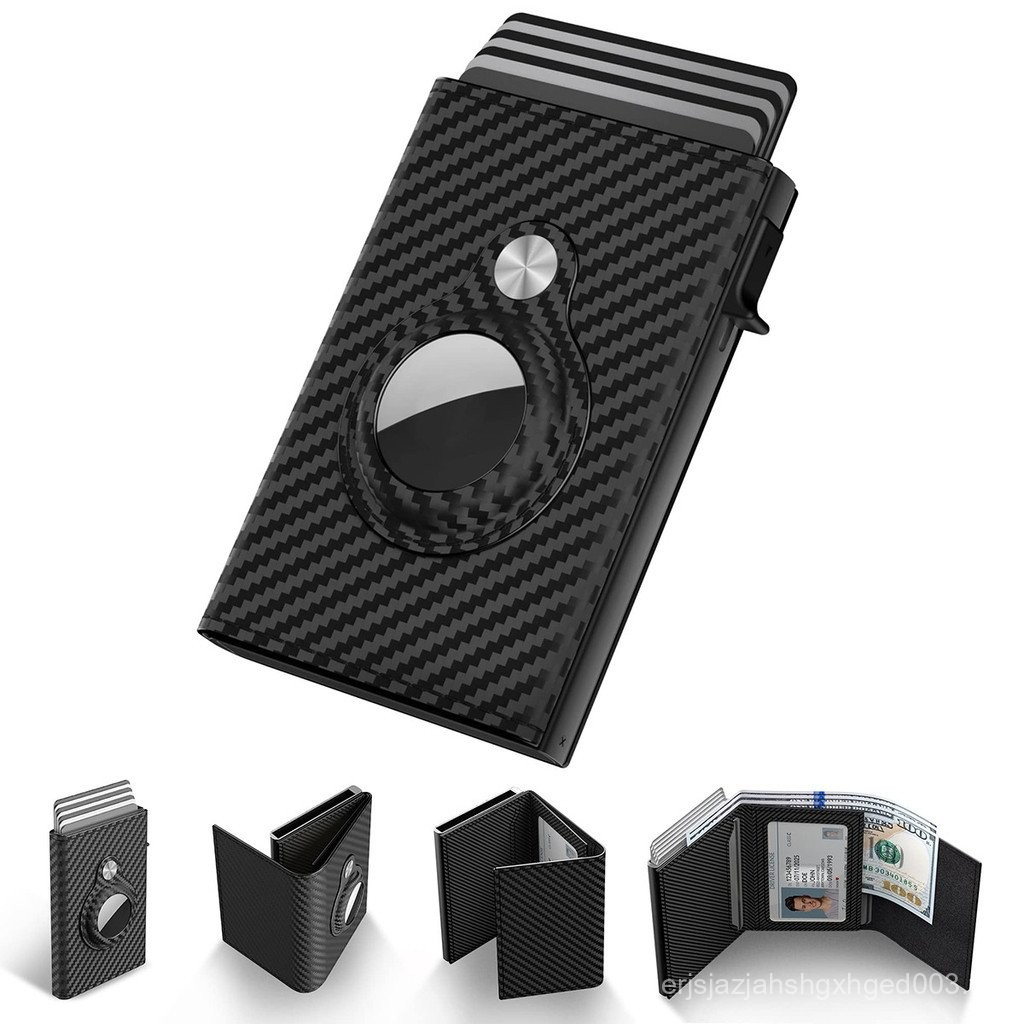 คาร์บอนไฟเบอร์ Tri-fold Card Holder Anti-theft Brush Tracking Automatic Pop-up Card Case AirTag Wall