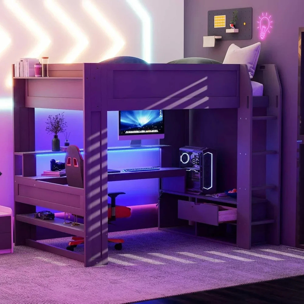 Twin Loft Bed.wood เตียงลอฟท์สําหรับเล่นเกมขนาดเต็มพร้อมโต๊ะ, ชั้นเก็บของอเนกประสงค์, สถานี Led และแ