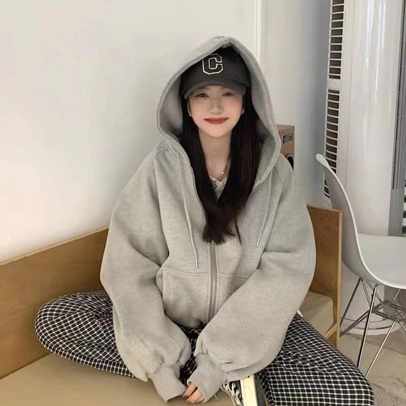 เทรนใหม่2026เสื้อกันหนาวสีพื้นหญิง เสื้อคลุมหญิง เสื้อแจ็คเก็ตแขนยาว มีซิป มีฮู้ด