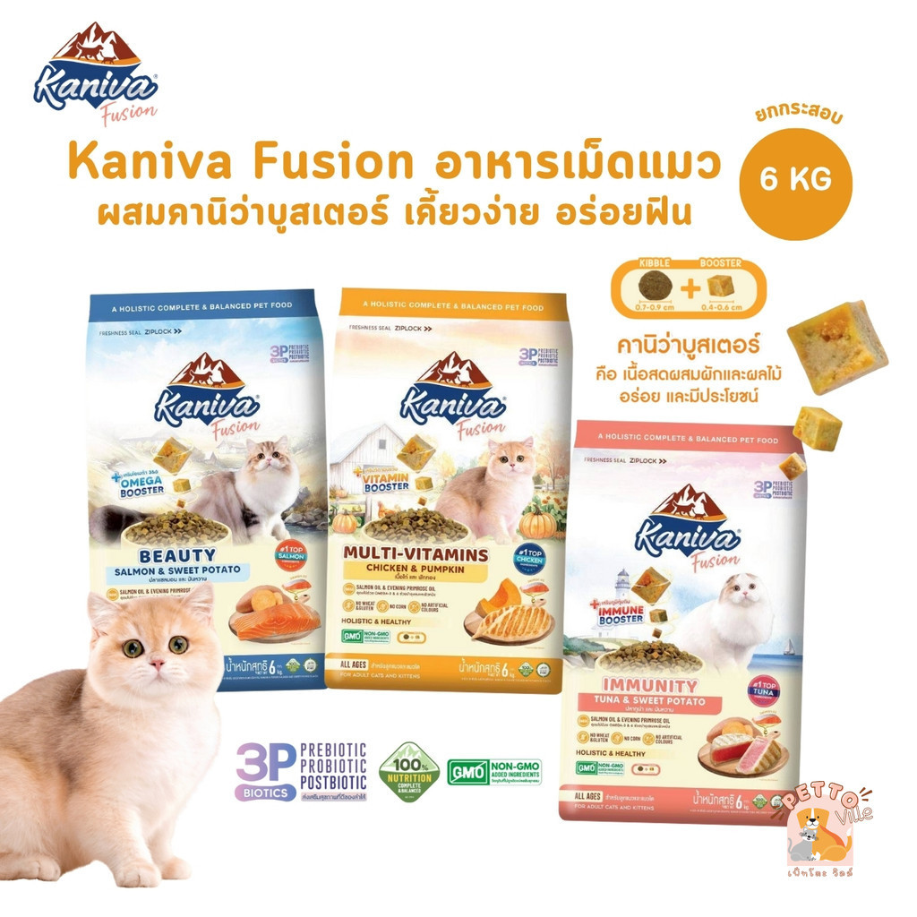 Kaniva Fusion อาหารแมวคานิว่า ผสมบูสเตอร์ ทานง่าย เคี้ยวง่าย สารอาหารอัดแน่น ยกกระสอบ ขนาด 6 กิโลกรัม (มีถุงแบ่ง)