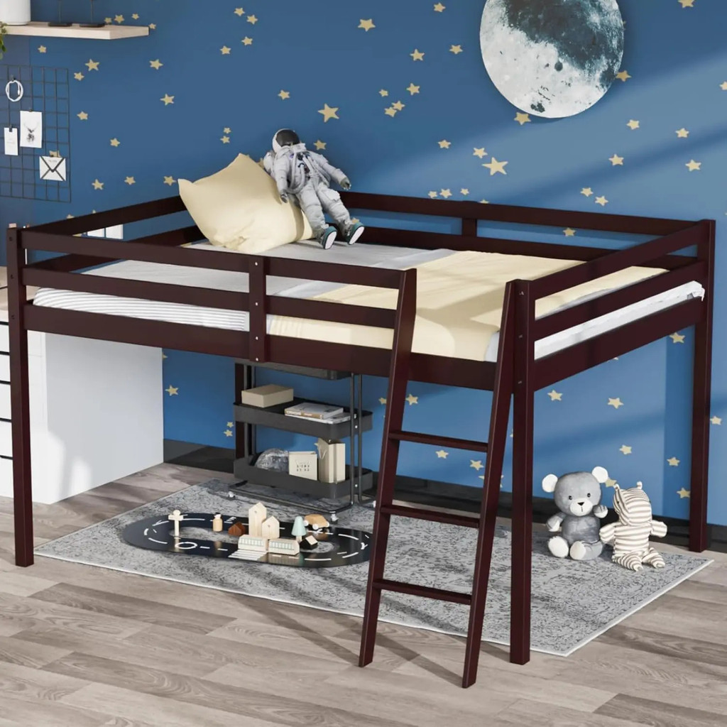 วันนี้S Pick Junior Low Loft Bed พร้อมบันได, Wood Loft Bed Full Size สําหรับผู้ใหญ่, เด็กและวัยรุ่นว