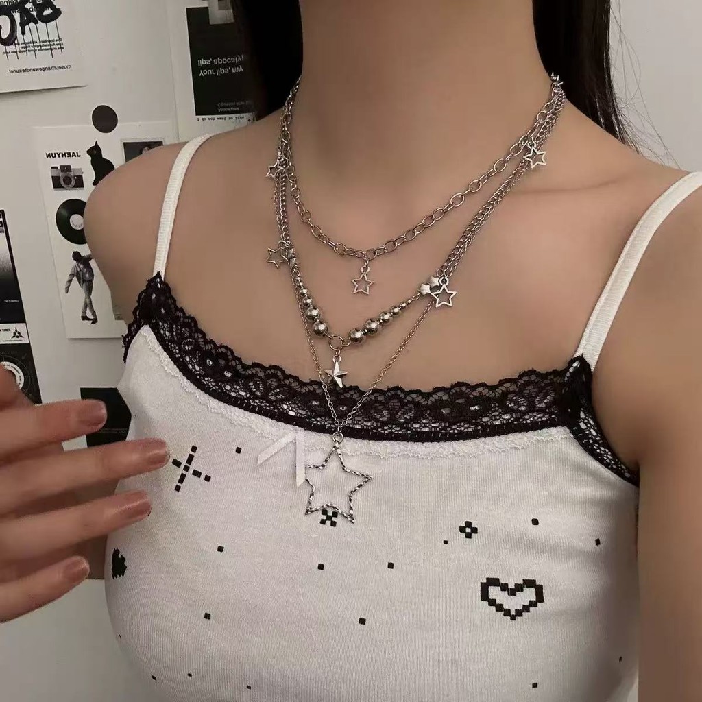 Tide Y2K Abi Girl Millennium Hot Girl โทนสีซ้อนสวมสร้อยคอสร้อยคอสร้อยคอไหปลาร้าระดับไฮเอนด์เฉพาะกลุ่