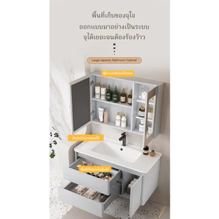 [ตู้ห้องน้ำสีไม้วอลนัทรุ่นใหม่]ตู้อ่างล้างหน้าเหล็กคาร์บอนทนทาน มีพื้นที่เก็บของขนาดใหญ่ มาพร้อมกระจก LED สัมผัสอัจฉริยะ