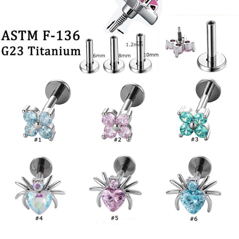 1 ชิ้น/เดี่ยวดอกไม้ Spider Shape เซอร์โคเนียม Chic ดอกไม้หูกระดูกอ่อนเจาะ G23 ไทเทเนียมภายในภาษา Labret Stud Hypoallergenic