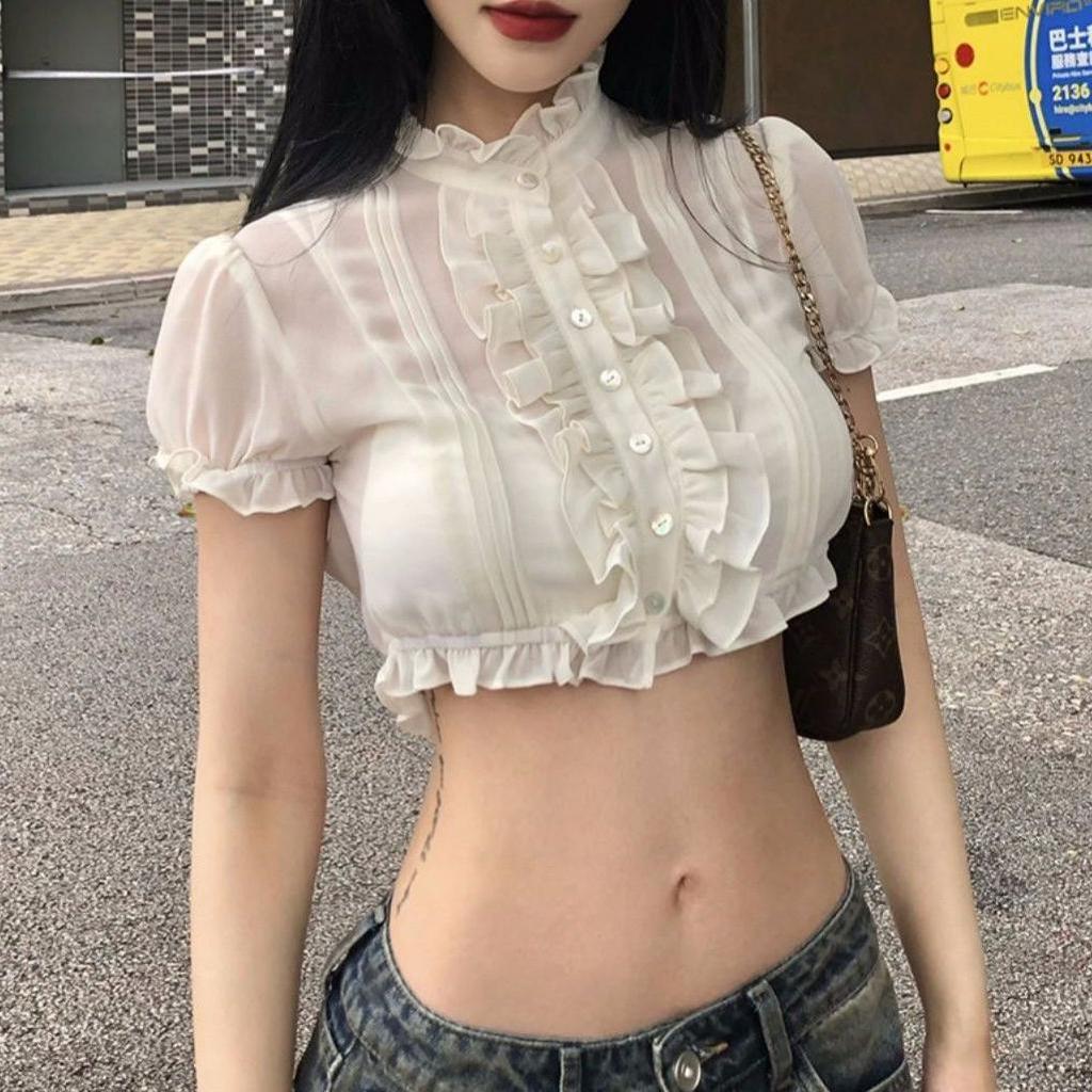 [สินค้าใหม่] French Court Style Ruffled Short Shirt Women Pure Desire Puff Sleeve Stand-Up Collar Narrow-Umbilical Hot Girl Top