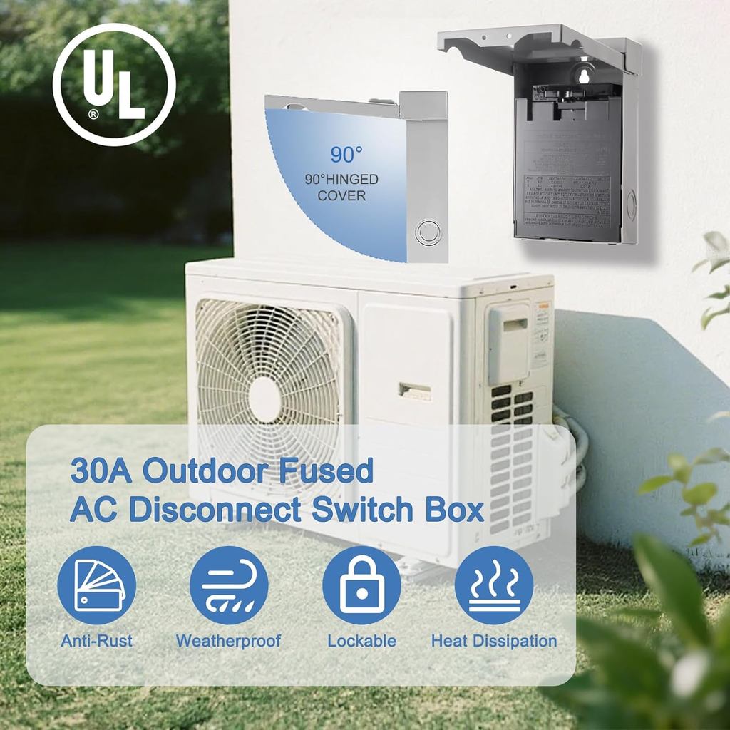 30 Amp Fused AC Disconnect Box, Pull-Out Switch NEMA 3R Outdoor Metal Box for Mini Split, เครื่องปรั