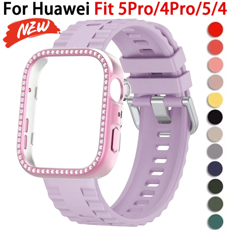 สายรัดซิลิโคน+เคสเพชรสําหรับ Huawei Fit 5Pro/4Pro/5/4 สร้อยข้อมือฝาครอบเกราะป้องกัน