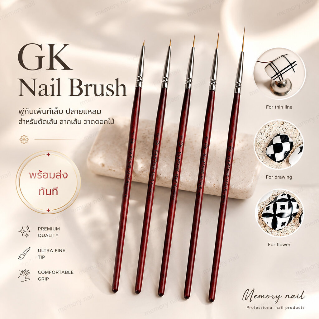 GKด้ามไม้ พู่กันเพ้นท์เล็บ ปลายแหลม สำหรับตัดเส้น ลากเส้น วาดดอกไม้ มีทั้งหัวสั้นและยาว 5ขนาด