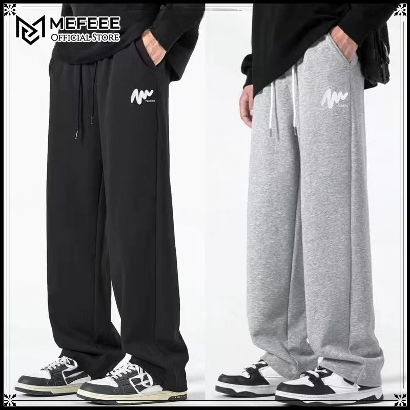 MEFEEE กางเกงวอร์มขากว้างทรงหลวมสําหรับผู้ชายและผู้หญิงกางเกงลําลองสีดําสีเทา