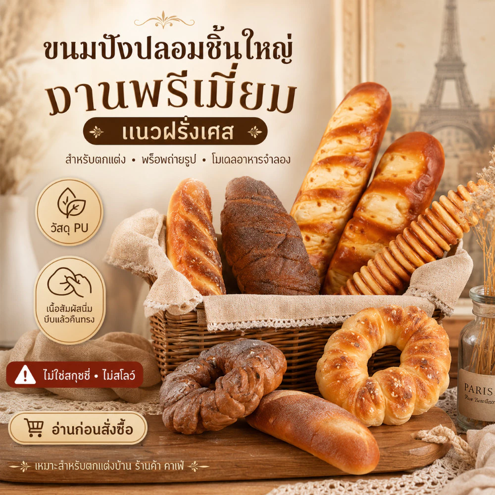 โมเดลขนมปังปลอมเหมือนจริง งานพรีเมี่ยม ชิ้นใหญ่ สไตล์ฝรั่งเศษ มีกลิ่นหอม สัมผัสนิ่ม บีบแล้วคืนทรง พร็อพแต่งร้าน คาเฟ่